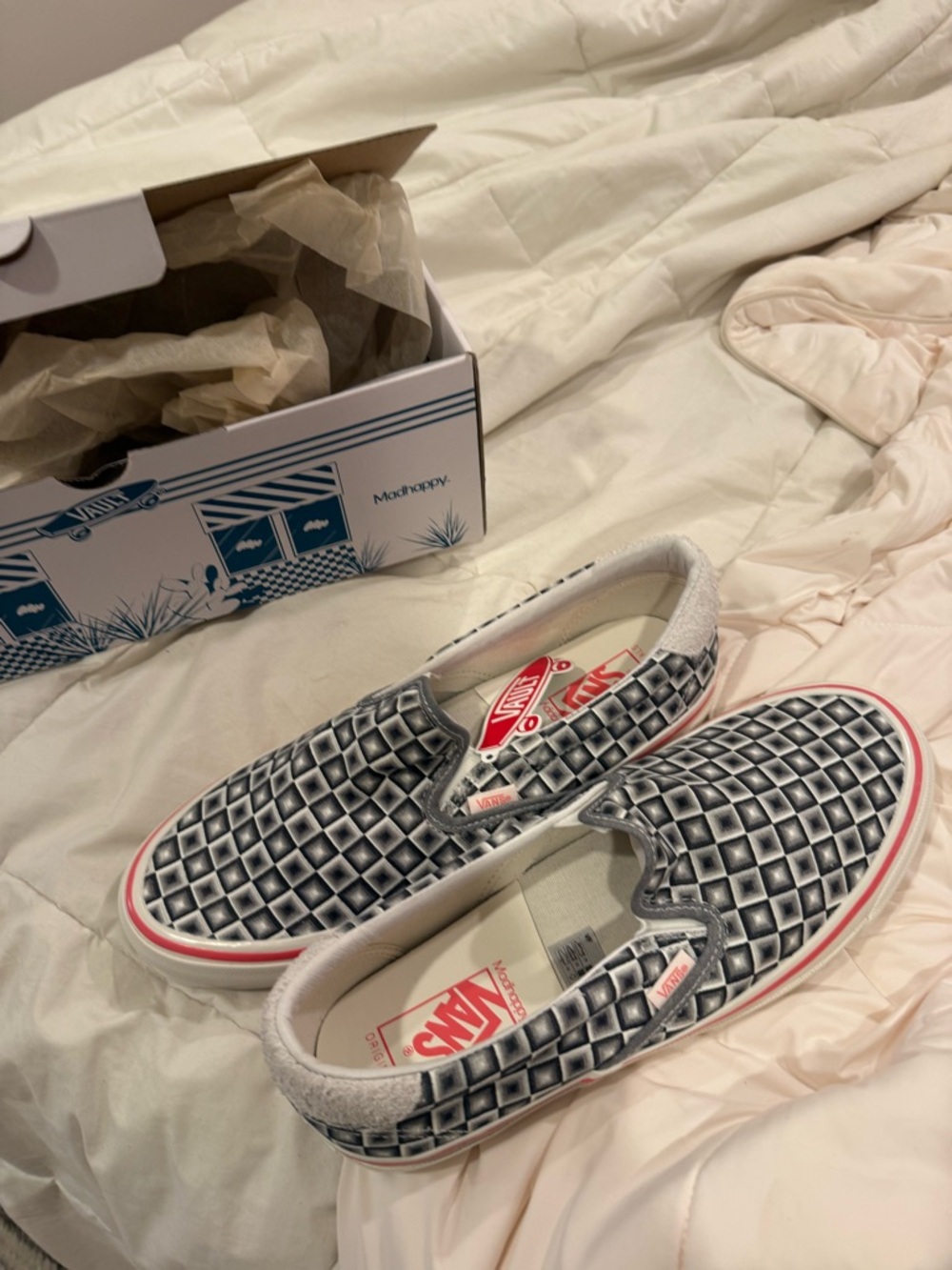 Madhappy x Vans Checkerboard Slip-On Sneakers in Black, White, Red